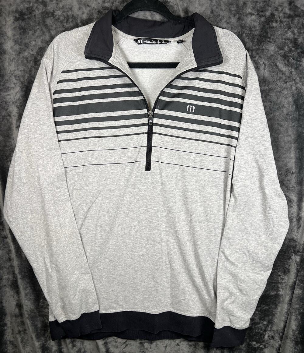 TravisMathew Men’s Large Gray Black Striped 1/4 Zip Pullover Golf Sweatshirt